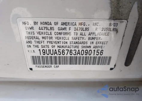 2003 Acura Tl 3.2 z USA, uszkodzony, nr VIN 19UUA56763A090156